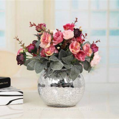 Round Silver Plated Cracked Finish Glass Decorative Flower Bowl Vase For Home Decoration photo-4