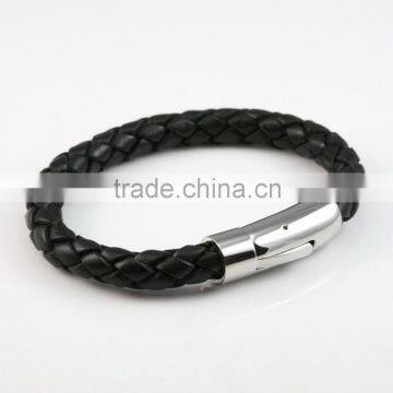 Black Braid Leather Bracelet With A Stainless Steel Clasp