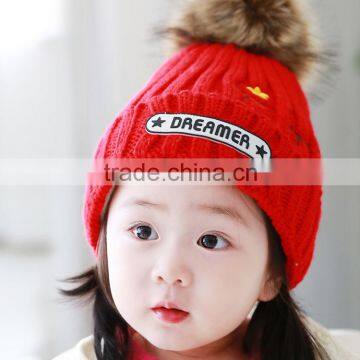 2015 Winter Latest DREAMER and Small Stars Embroidery Faux Fur Pom Pom Knitting Baby Kids Hat and Cap