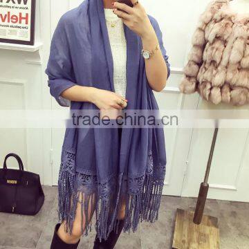 New Korea Fashion Plain Solid Color Cotton Long Tassel Lace Scarf Shawl