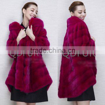 QD80627 European Ladies Whole Mink Fur Long Coat Woman's Red Plaid Winter Warm Coats 2015