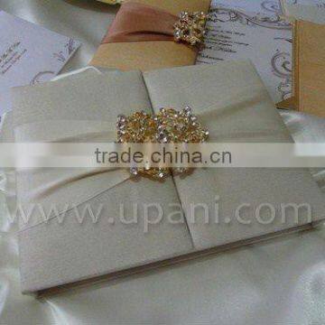 Ivory Silk Wedding Invitation card with rhinestone brooch and ribbon