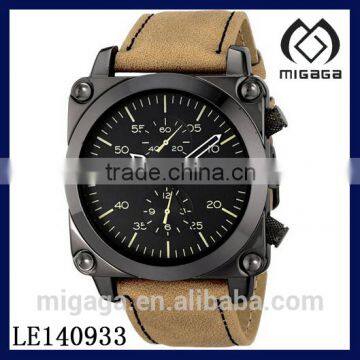 Fashion brass case japan quartz movement Synthetic leather strap watch/Men's Digital Display Quartz Brown Watch