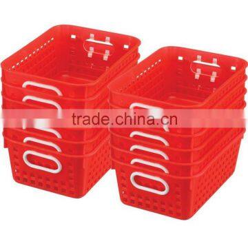 Hot Sale Medium Rectangle Book and Magazine Organizers Tray Custom Cheap Plastic Red Tall Storage Baskets with Handles