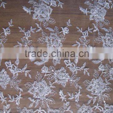 crystal tulle fabric/ivory beaded lace fabric/wholesale lace fabric/guangzhou african lace embroidery fabric/bridal fabric dress