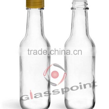 Glass Bottles, 5 oz Clear Glass Sauce Bottles w/ Gold Ribbed Lined Caps & Orifice Reducers