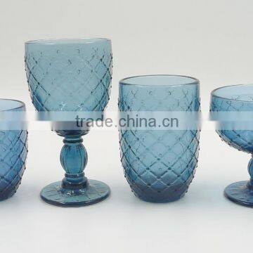 press glass Wine goblet,Hiball,DOF, sundae cup in Ink blue color with Knit embossed patern