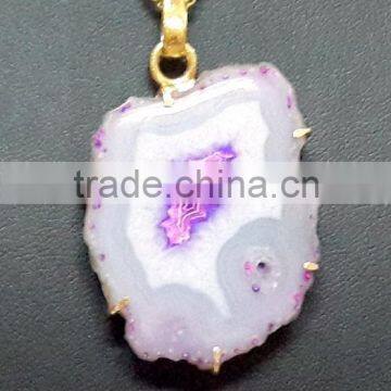 Purple Agate Druzy Gemstone Pendant, Vermeil 925 Sterling Silver Semi Gemstone Pendant, Rough Gemstone Vermeil Pendant