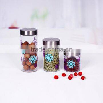 Decal 3pcs storage glass jar set with bule flower