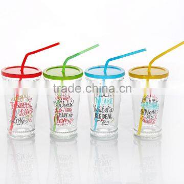 Wholesale Decal Glass Tumbler With Colored Lid & Straw