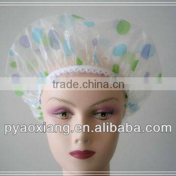 New style factory supply blue and green dots printed environmently friendly shower caps or hats for hotel and home,etc.