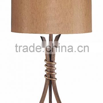 11.1-14 A beige fabric drum shade sits up top A handsome Iron Tripod Table Lamp