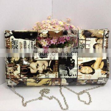 Italy design magazine print bag metal chain evening hand bag