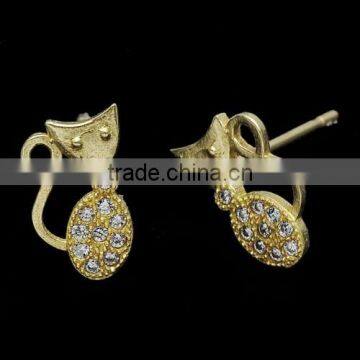 P10069 Fashion jewelry making rhinestone copper material cute cat earring stud