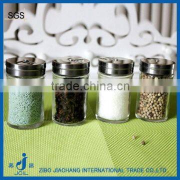 round glass spice container with stainless steel lid