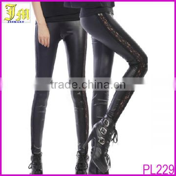 2014 New Hot Sexy Girls Black Faux Leather Leggings With Lace Design Good Breathable Leggings For Women