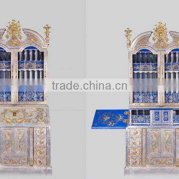 Antique Hand Carved Classic Curio Cupboard Inlaied Seasell Mosaic, Gold Gilding Wooden Display Cabinets With Flowers Paint Motif photo-3