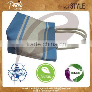 Cool Blue Stripe Print Canvas Tote Bag With Padded Rope Handle , PU Label Branding Bag photo-3