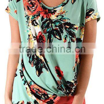 Custom Plus Size USA Women's Floral Print Boutique Summer Casual Short Sleeves Front Side Knot T-Shirts Tops photo-5