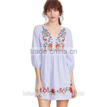 2017 Summer Women Clothing Factory Embroidered Blue Striped V Neck Button Front Lantern Sleeve Boho Dress photo-4