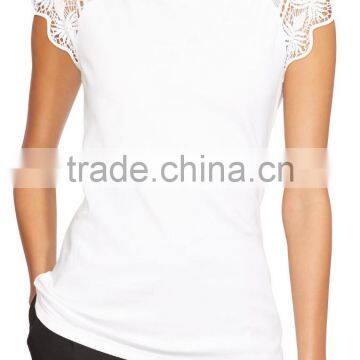 Stylish Lace Sleeves Cotton Top for Ladies Ballet Neckline White OEM T Shirt Women