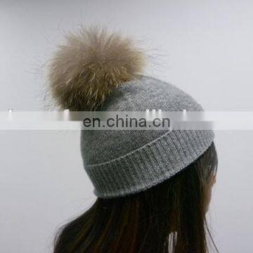 Navy Color Plain Cashmere Beanie Hat & Scarf With Raccoon Fur Pom Pom photo-5