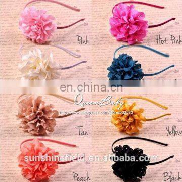 Ribbon Covered Metal Headbands with Eyelet Chiffon Flowers For Toddlers Kids