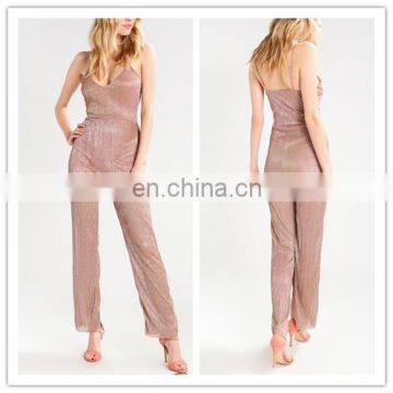 Fashion Pink Low V-neck Spaghetti Strap Onepiece Jumpsuit For Women