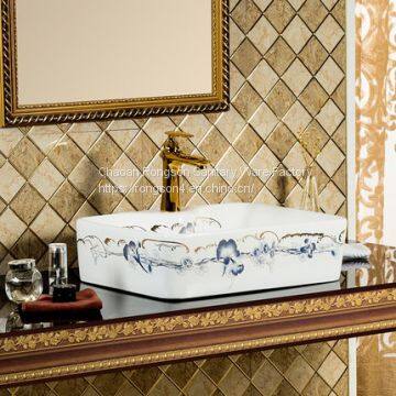 square shape beautiful flower decal above counter art basin sink wash basin for bathroom