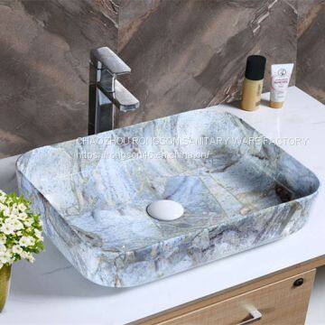 Bathroom rectangle blue new design simple luxury cermaic no hole art basin sink