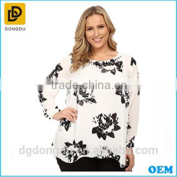 Plus Size Long Sleeve Floral High-Low Hem Blouse Embellishment Lady Casual Blouse