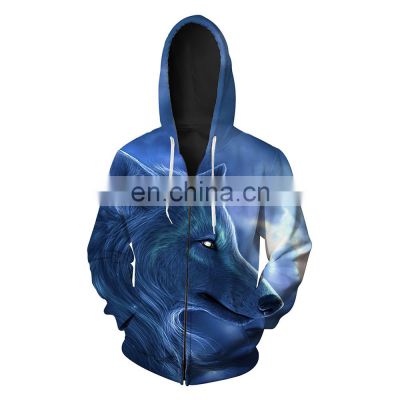 Factory Custom Polyester 3d Big Wolf Printing Hoodies Pullover Sweater With Zipper