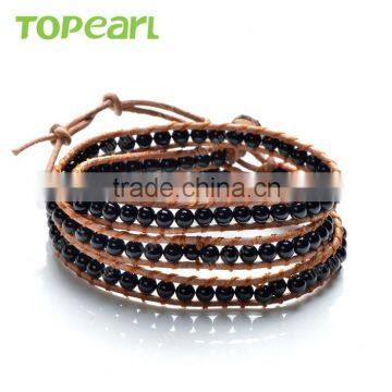 Topearl Jewelry Fashion Black Agate Bracelet Women Woven Leather Wrap Bangle With Copper Alloy Clasp CLL170
