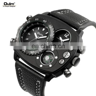 OULM 9865 Men Fashion Black Leather Band Wrist Watches Analog Display Compass Japan Movement Casual Watch