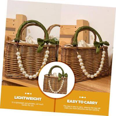 Rattan Bag Tote Straw Summer Bag Pearl Chain Beach Bag
