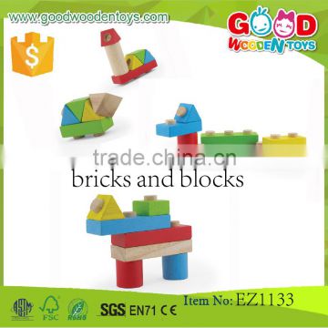 Handmade 35Pieces Wooden Colorful Interlocking Bricks and Blocks