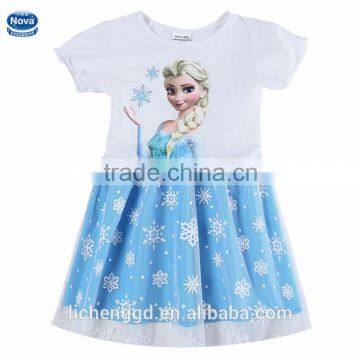 (H5708) white 2015 nova kids new fashion design cartoon character printed dress net veil hem baby girls short sleeve girl dress