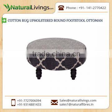 Traditional Look Cotton Rug Upholstered Round Footstool Ottoman at Affordable Price