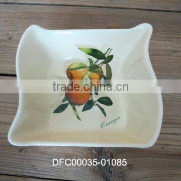 Small Ceramic White Soup Plate/ Deep Dish with Orange Decal