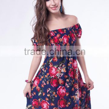 Factory directly rose flower pattern off shoulder ladies dress korean design