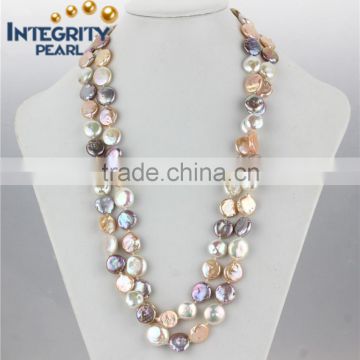 12-13mm coin 48" multicolor cultured real fresh water pearl jewelry