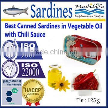 Best Canned Sardines in Vegetable Oil with Chili Sauce, High Quality Sardines ,Sardines in cans with Chili Sauce125g