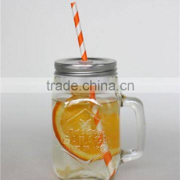 wholesale glass mason jar with handle and paper straw, metal lid 480ML