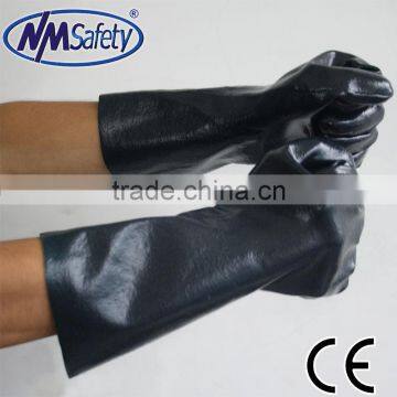 NMSAFETY good quality Cotton Interlock full coated black PVC gauntlet heavy rough glove/safety glove/anti water gloves