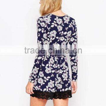 2015 Fashionable Hot Sale OEM Customized Wrap Romper With Lace Hem in New Floral Print photo-2