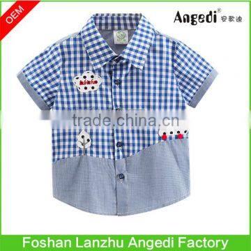 Fancy design baby boys plaid shirt with embroidered applique patch work baby clothing