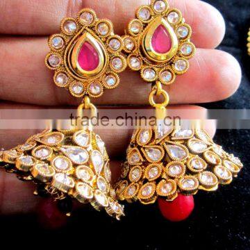 GOLD PLATED Polki Necklace Jhumka Chandelier EARRING Set photo-2