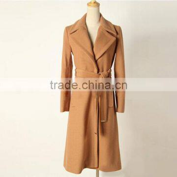 High qualtiy big lapel long belted camel wool coat