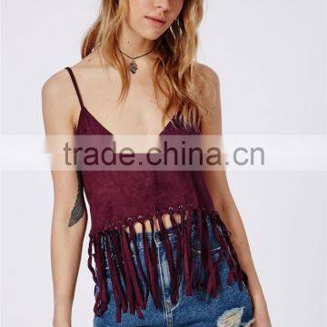 Fringed plain wine red ladies plain crop top, spaghetti strap cami fringed crop top wholesale for ladies.