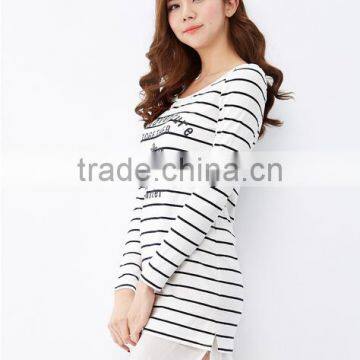 For Women This White Collar and Body Text Printed Chiffon Stitching Knitted Stripes Long-sleeved Dress photo-3